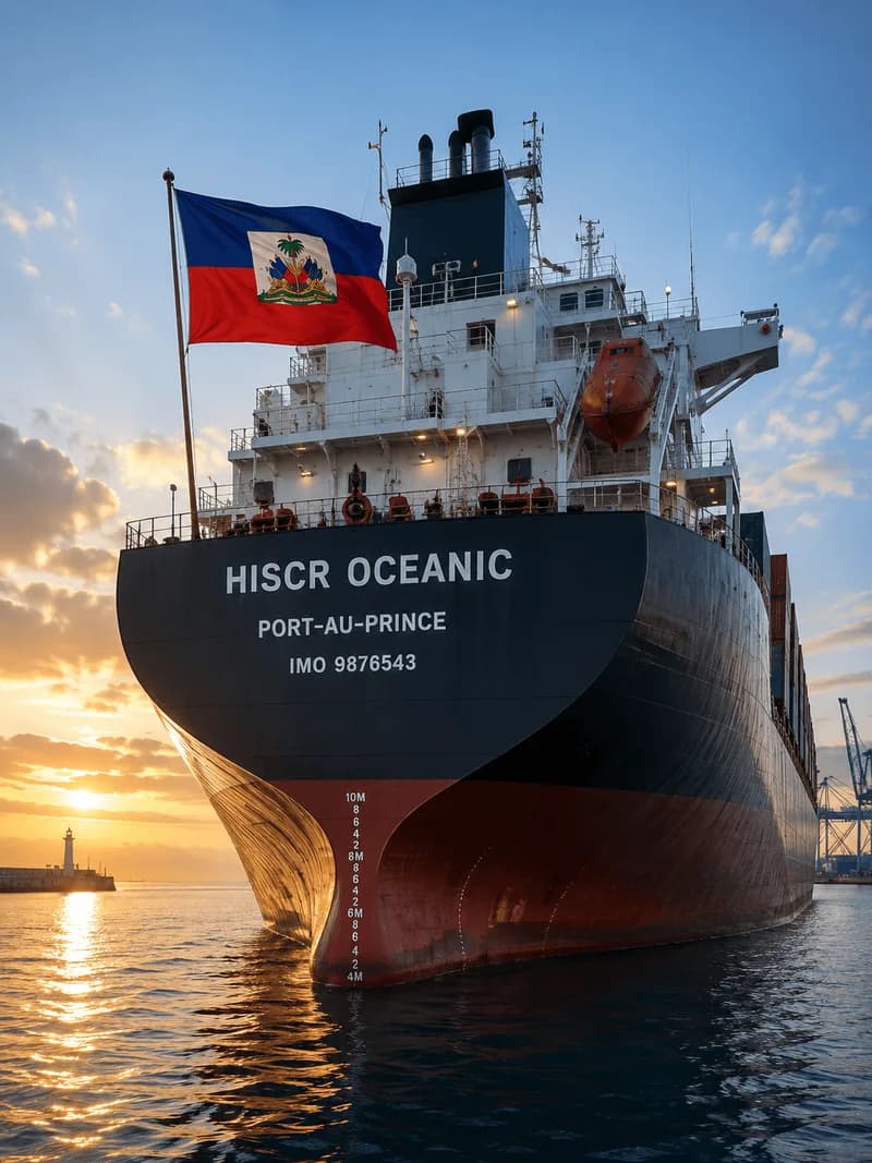 The bow of a bulk carrier registered in Port-au-Prince, flying the Haitian flag at sunrise, her name and IMO number painted on the hull