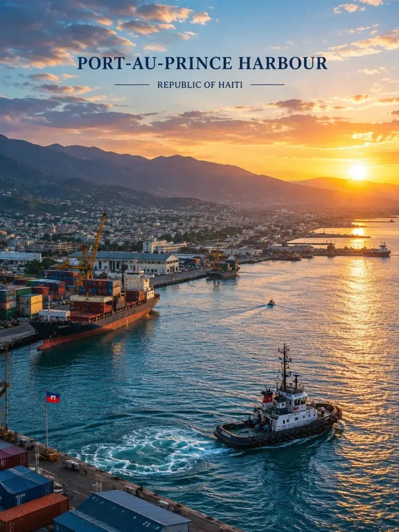 Port-au-Prince harbour at sunset — a tug under way, a container ship alongside the quay and the hills of Haiti behind