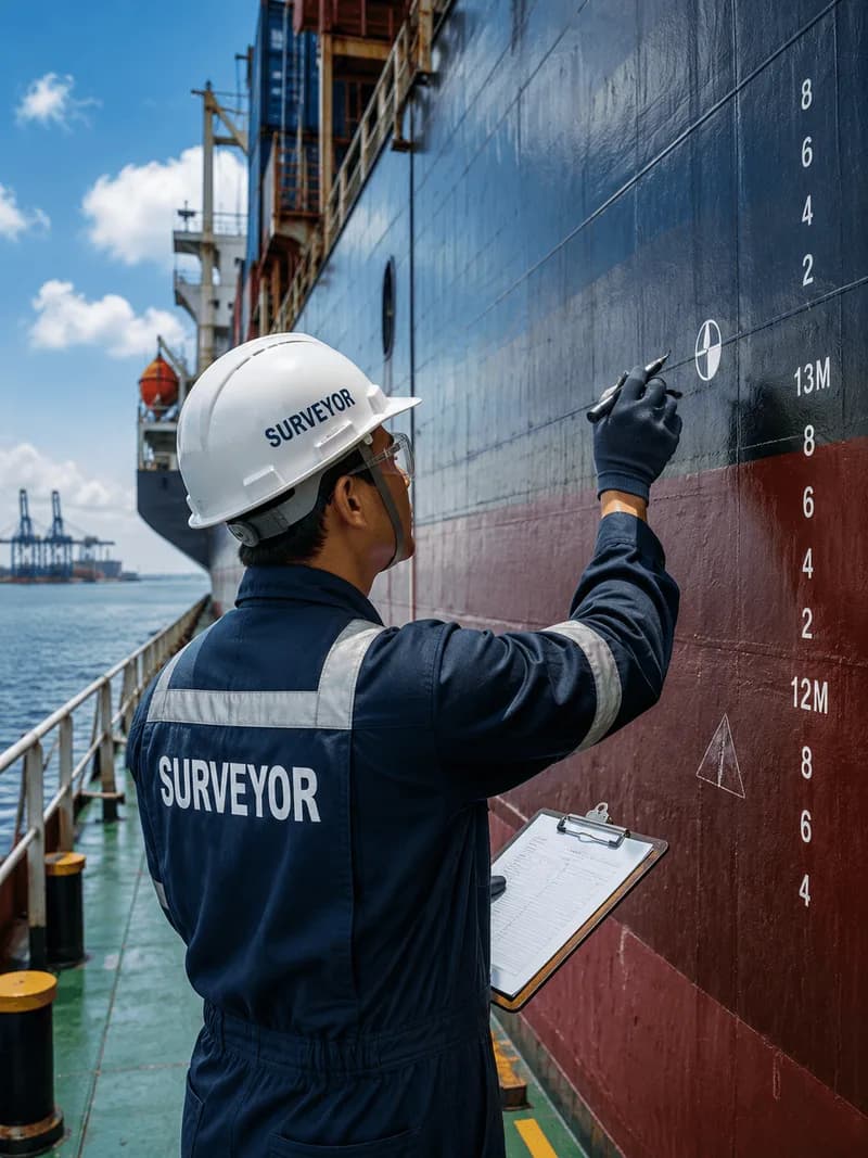 A surveyor in a hard hat reading a vessel's draught marks alongside the hull, clipboard in hand