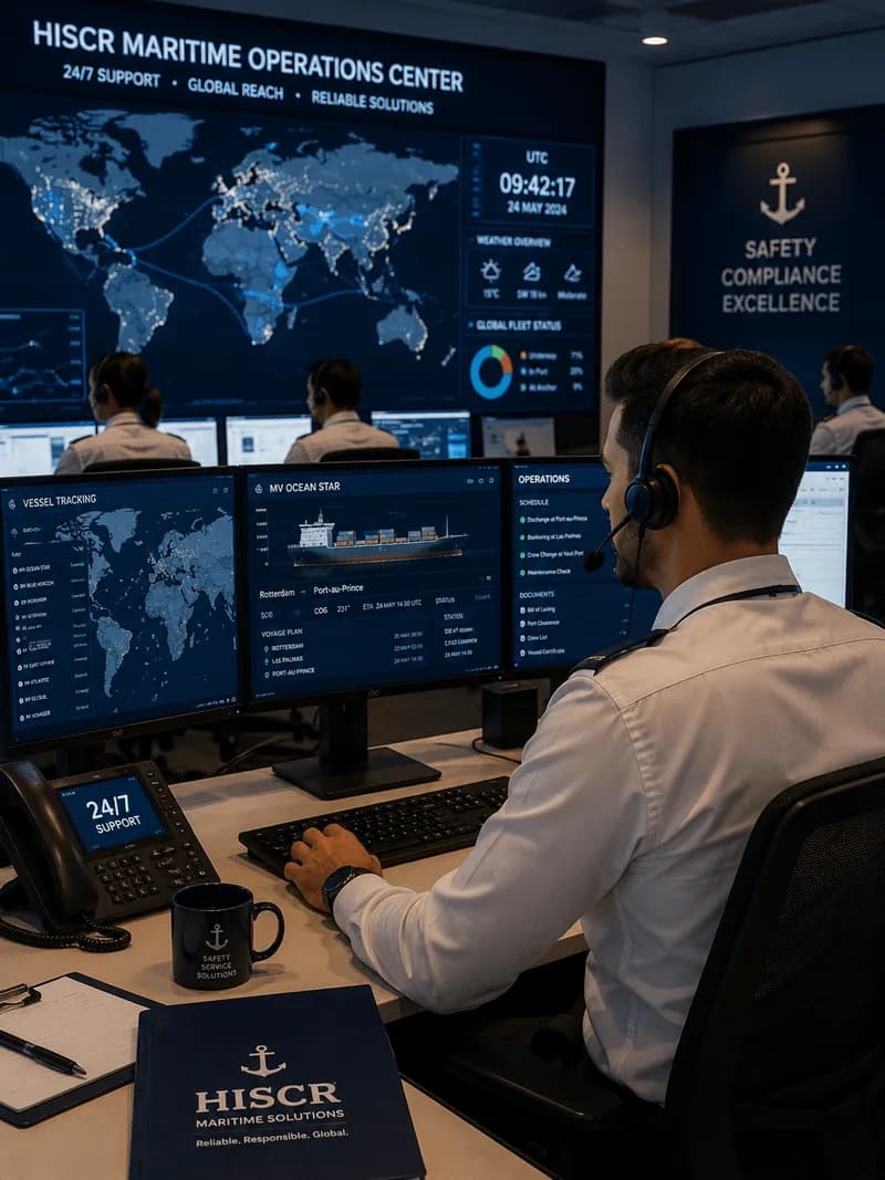 A maritime operations centre — a coordinator on a headset at a desk of screens showing vessel tracking and a world fleet map