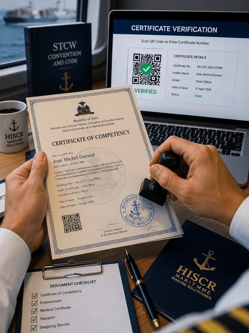 A certificate of competency held beside a laptop showing a certificate verification screen marked verified, with a stamp and a document checklist on the desk