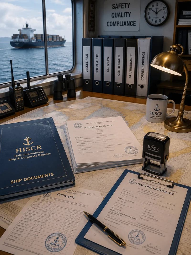 A ship's document desk — a ship documents folder, a crew list, a load line certificate, a rubber stamp and binders labelled crew docs, surveys and certificates