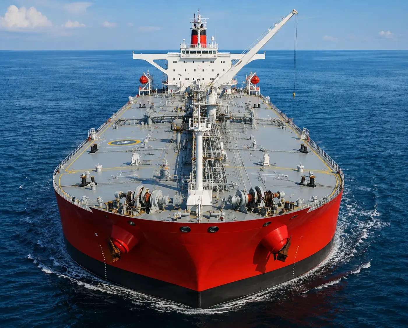 Tanker under way, viewed bow on