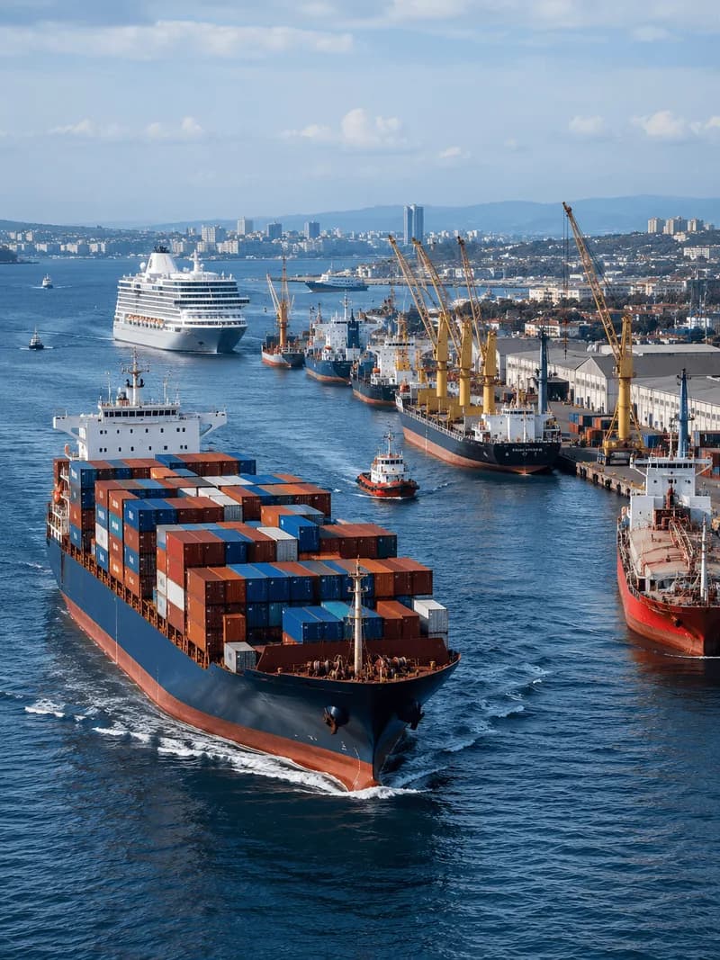 A laden container ship leaving a working port, with cranes, a tanker and a cruise ship at the berths behind her