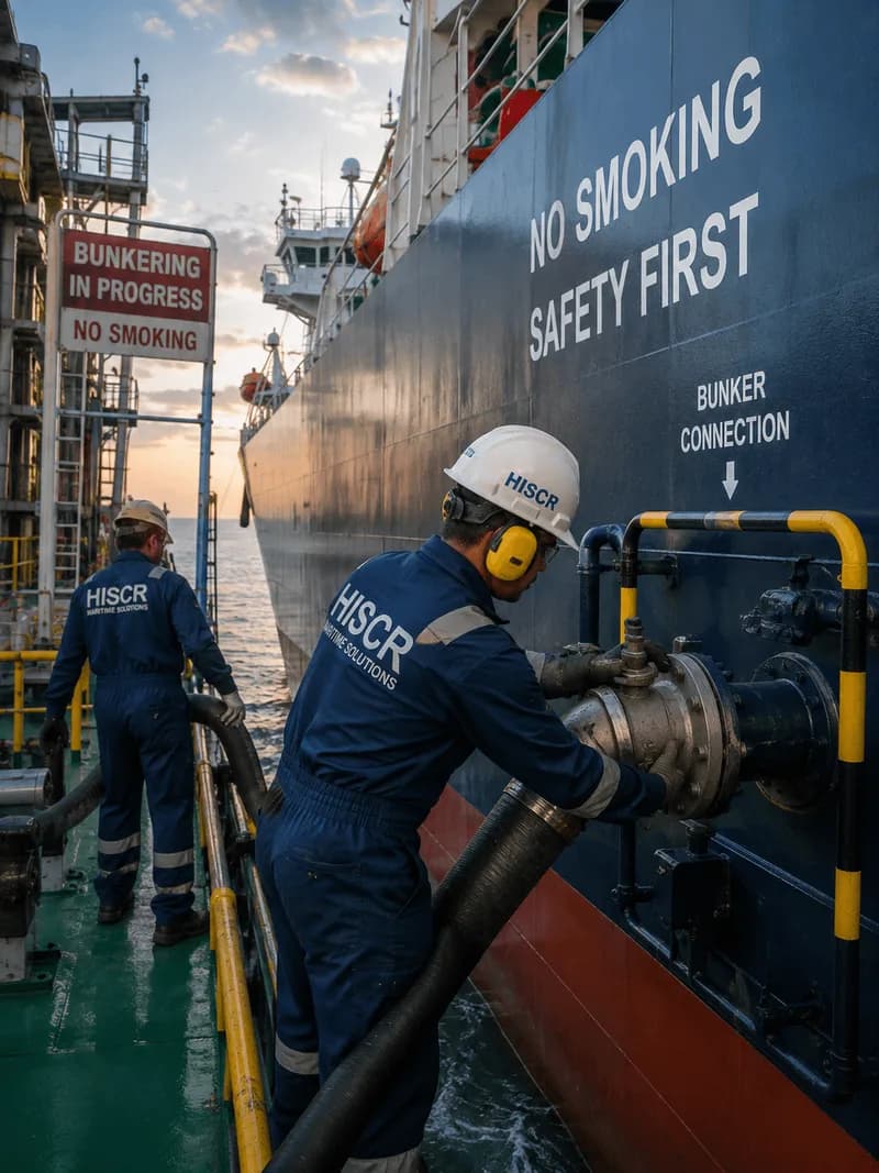 A crew member in helmet and ear defenders making up a bunker hose at a ship's bunker connection, under signs reading no smoking and safety first