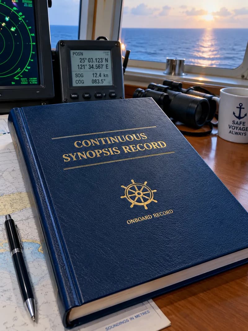 A navy Continuous Synopsis Record binder marked 'onboard record' lying on a ship's chart table, with radar, GPS and binoculars behind it at sunset
