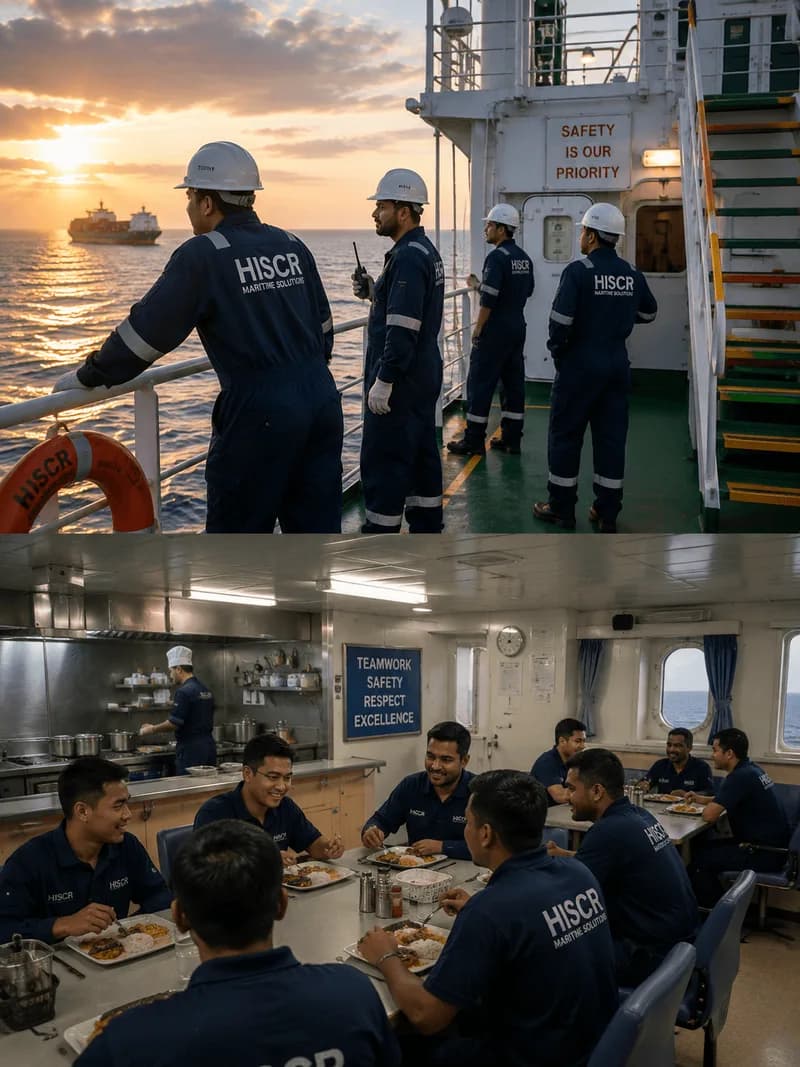 Crew at the rail at sunset, and the same crew eating together in the ship's mess room