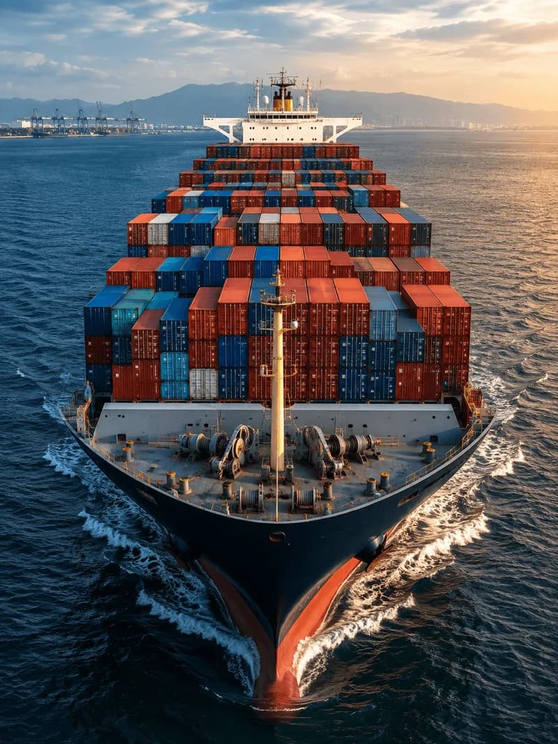 A fully laden container ship under way, seen bow-on from the air, stacked high with containers