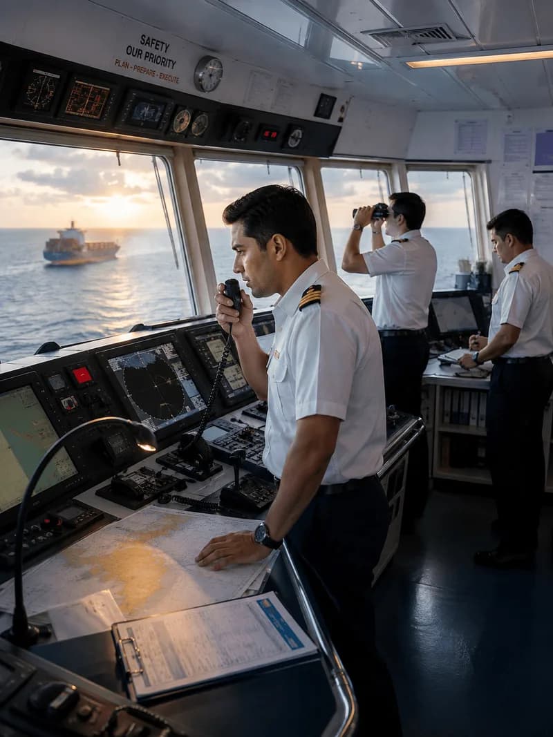Three officers on a ship's bridge at dusk — one on the radio, one on binoculars and one at the chart table