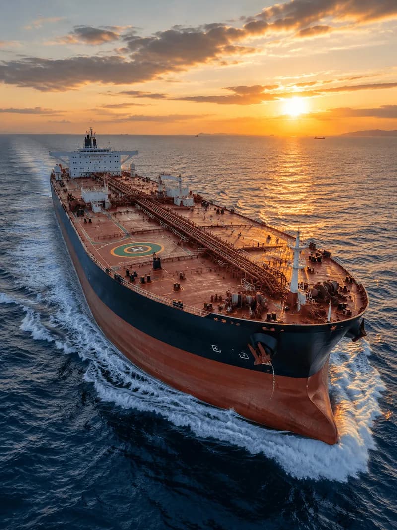 A laden crude oil tanker under way at sunset, seen from the air along her deck and pipework