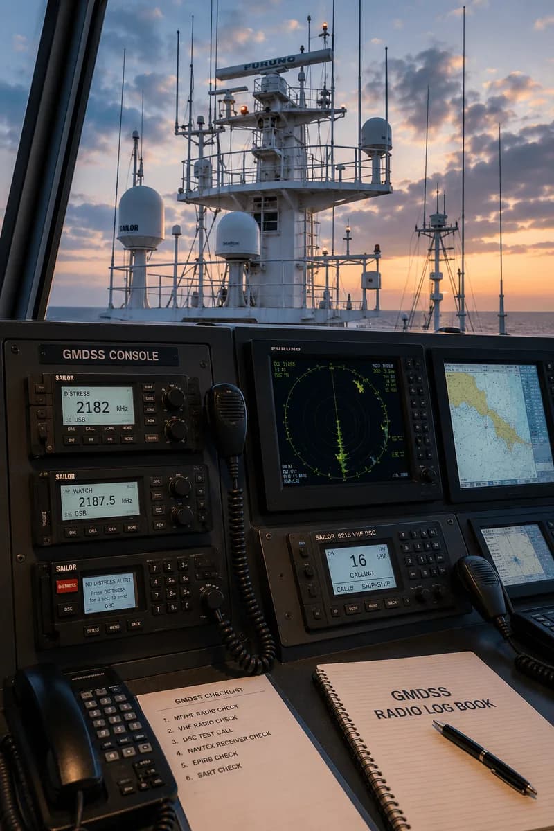 A GMDSS console on a ship's bridge — radios, radar, chart display and the radio log book, with the mast and antennas beyond the window