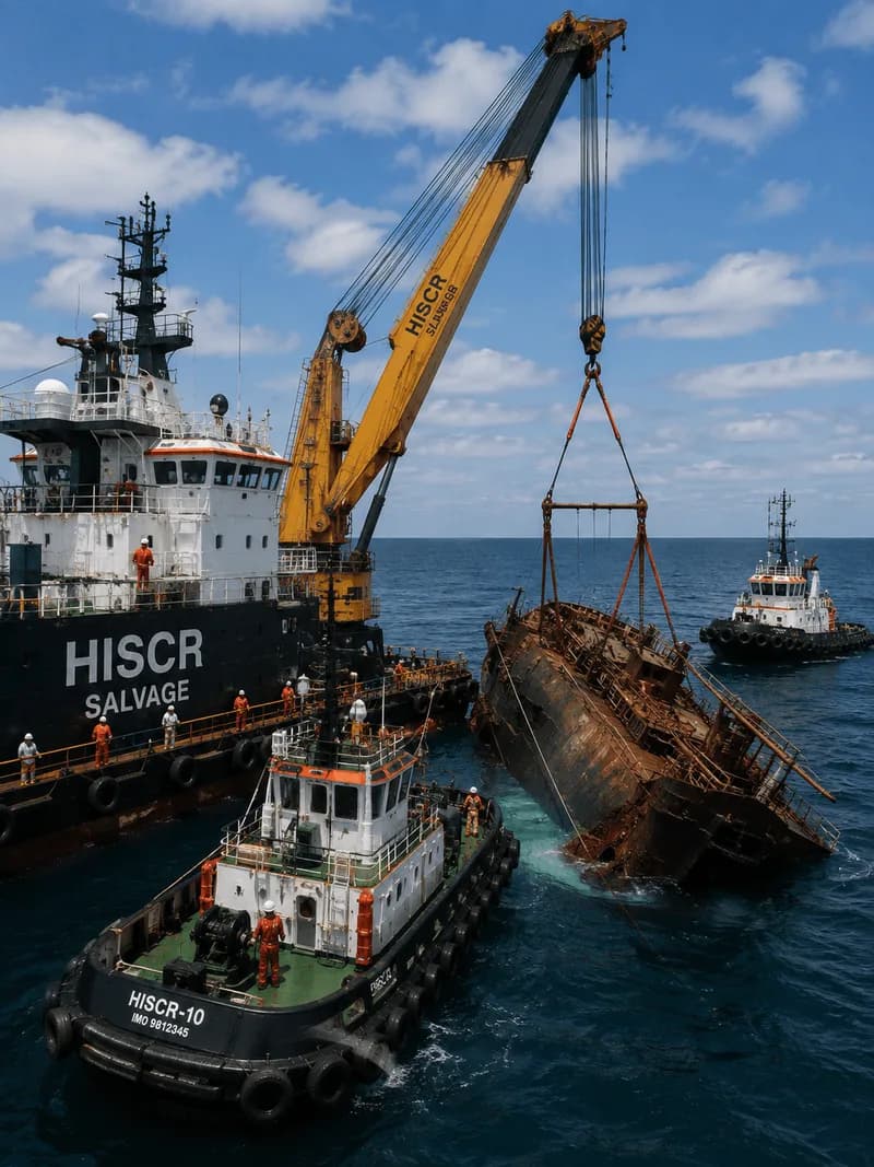 A salvage crane barge lifting the corroded hull of a wreck clear of the water, with tugs standing by
