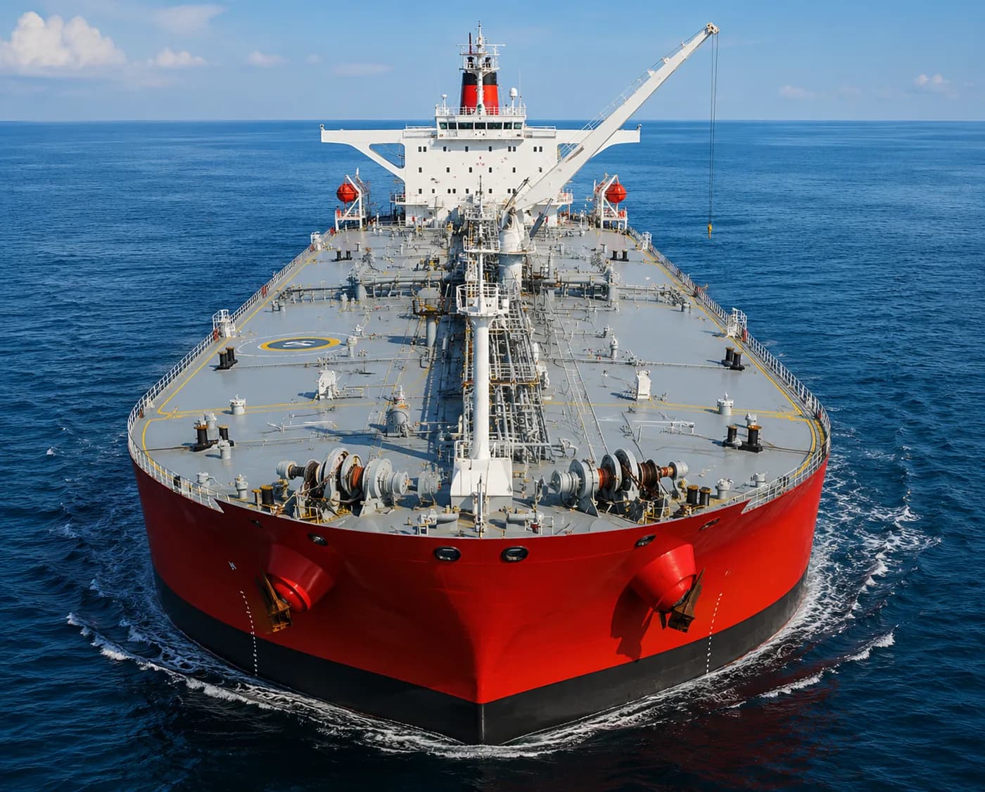 Oil tanker under way, bow on